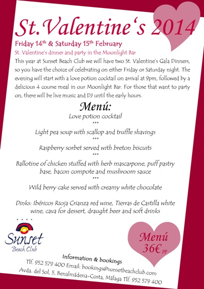Valentines Day Menu at Sunset Beach Club