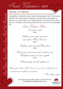 Valentines day menu at Sunset Beach Club