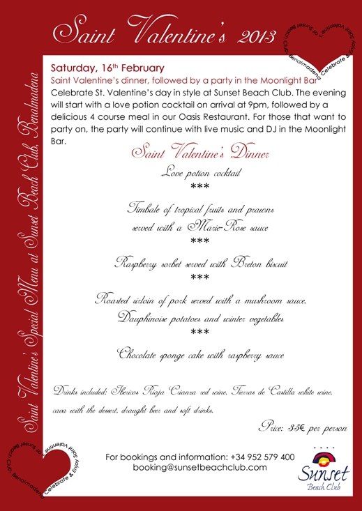 Valentines day menu at Sunset Beach Club