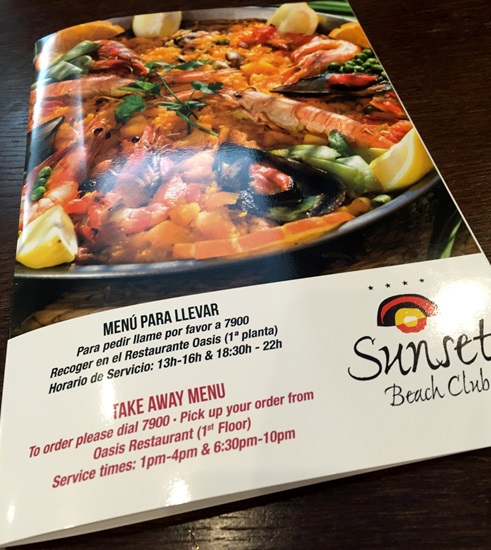 Takeaway menu at Sunset Beach Club