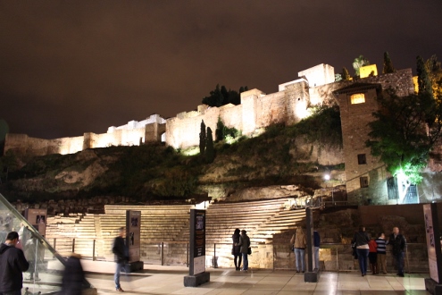 The Roman Theatre and Alcazaba lit up at night