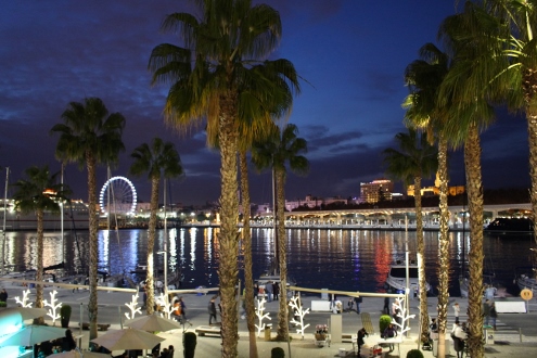 Muelle Uno Shopping centre in Malaga as night falls