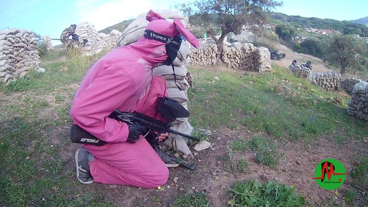 Photo of man dressed as Pink Bunny Rabbit at Paintball Malaga