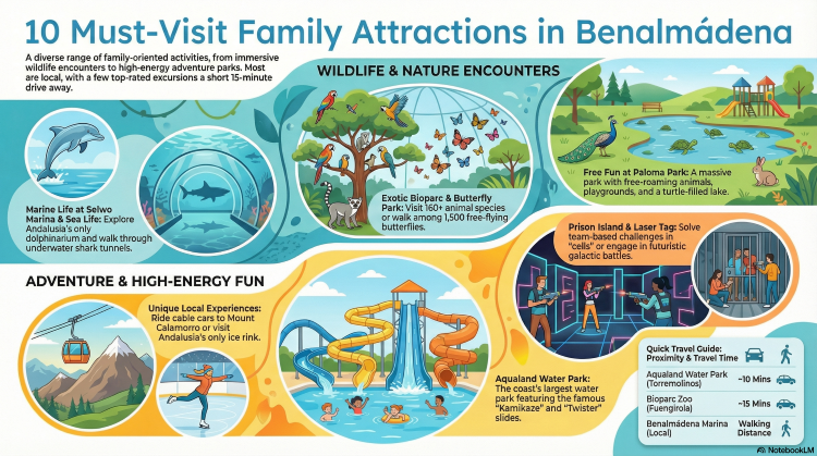 Infographic showing 10 Must-visit Family attractions in Benalmádena